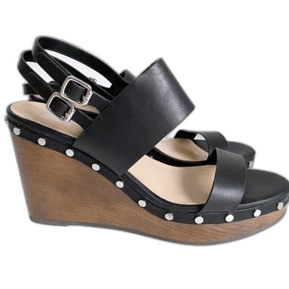Shoes - Black Wedge Sandals with Studded Detail